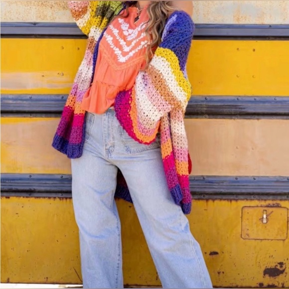 THREE BIRD NEST Wrapped in Color Chunky Knit Bright Colorful Cardigan Small VGUC - Picture 4 of 13